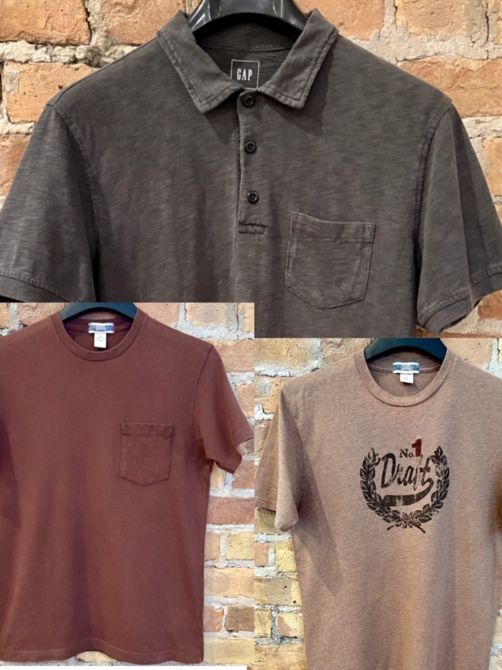 GAP 3 Shirts: Distressed Polo, Heather Tan T-Shirt Tee, Brown Pocket T-Shirt Tee